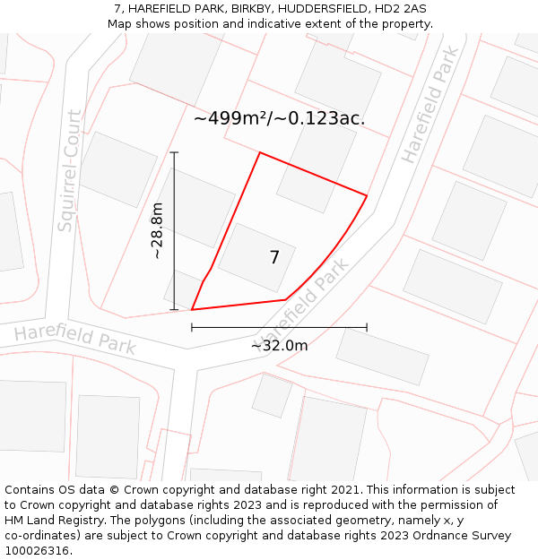 7, HAREFIELD PARK, BIRKBY, HUDDERSFIELD, HD2 2AS: Plot and title map