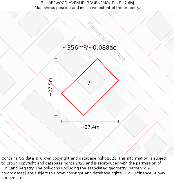 7, HAREWOOD AVENUE, BOURNEMOUTH, BH7 6NJ: Plot and title map