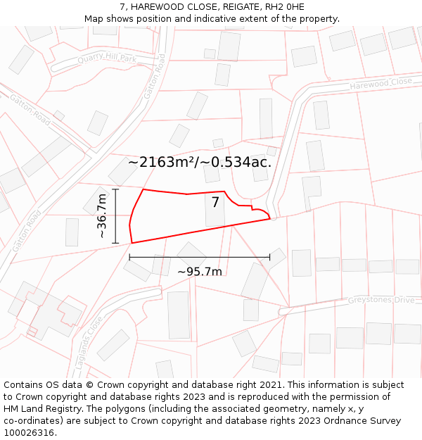 7, HAREWOOD CLOSE, REIGATE, RH2 0HE: Plot and title map