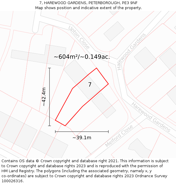 7, HAREWOOD GARDENS, PETERBOROUGH, PE3 9NF: Plot and title map