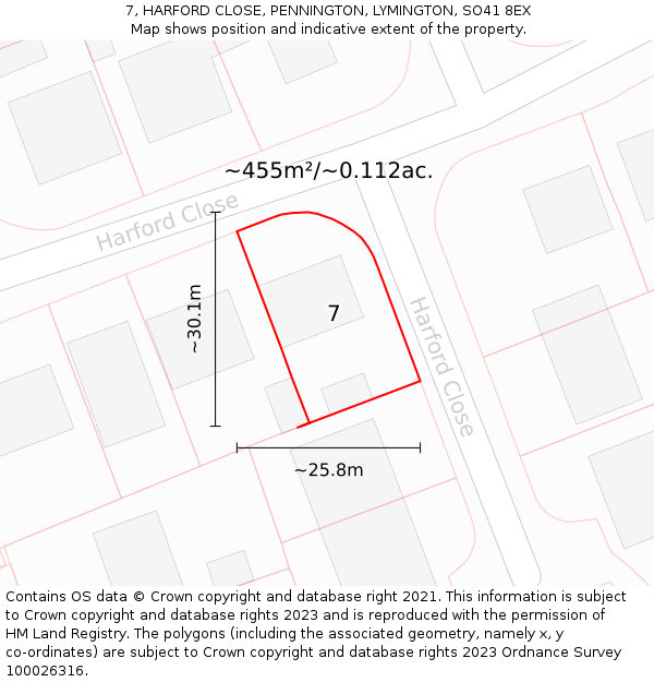 7, HARFORD CLOSE, PENNINGTON, LYMINGTON, SO41 8EX: Plot and title map