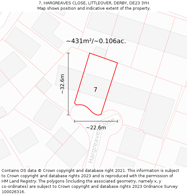 7, HARGREAVES CLOSE, LITTLEOVER, DERBY, DE23 3YH: Plot and title map