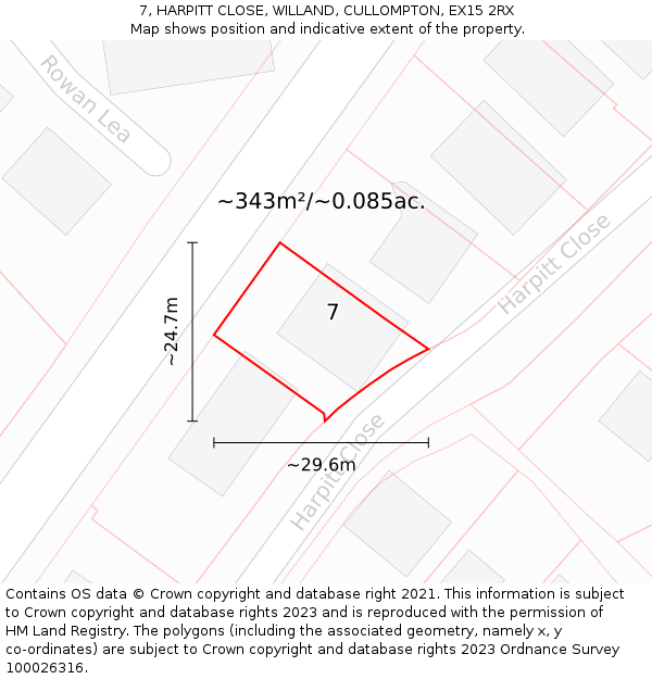 7, HARPITT CLOSE, WILLAND, CULLOMPTON, EX15 2RX: Plot and title map