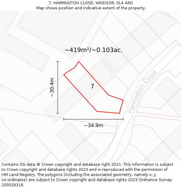 7, HARRINGTON CLOSE, WINDSOR, SL4 4AD: Plot and title map