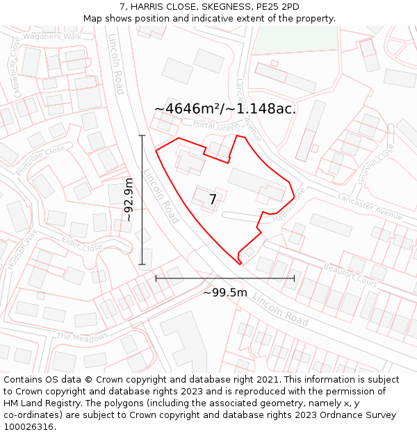7, HARRIS CLOSE, SKEGNESS, PE25 2PD: Plot and title map