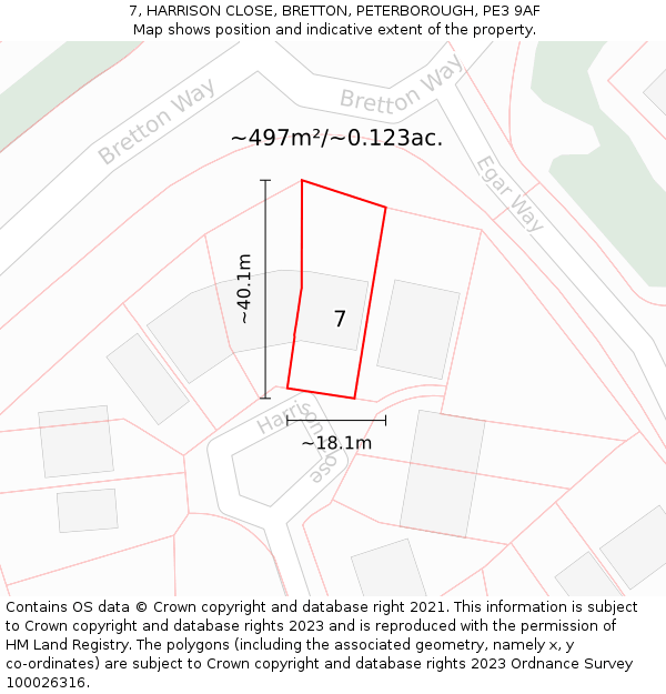 7, HARRISON CLOSE, BRETTON, PETERBOROUGH, PE3 9AF: Plot and title map