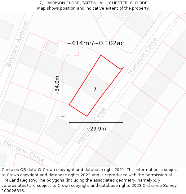7, HARRISON CLOSE, TATTENHALL, CHESTER, CH3 9DF: Plot and title map