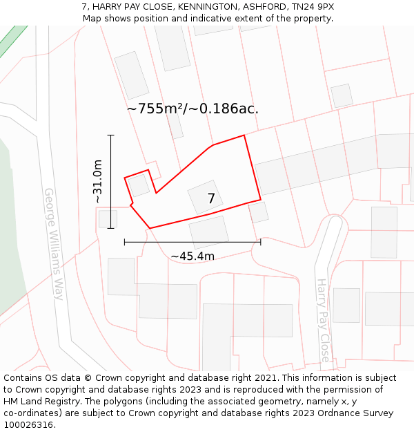 7, HARRY PAY CLOSE, KENNINGTON, ASHFORD, TN24 9PX: Plot and title map