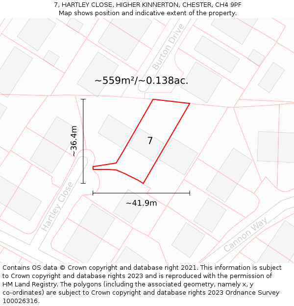 7, HARTLEY CLOSE, HIGHER KINNERTON, CHESTER, CH4 9PF: Plot and title map