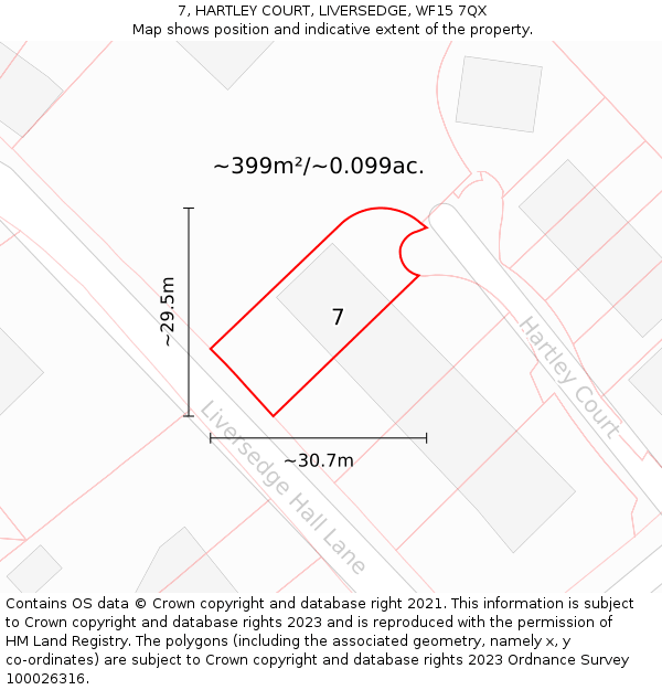 7, HARTLEY COURT, LIVERSEDGE, WF15 7QX: Plot and title map