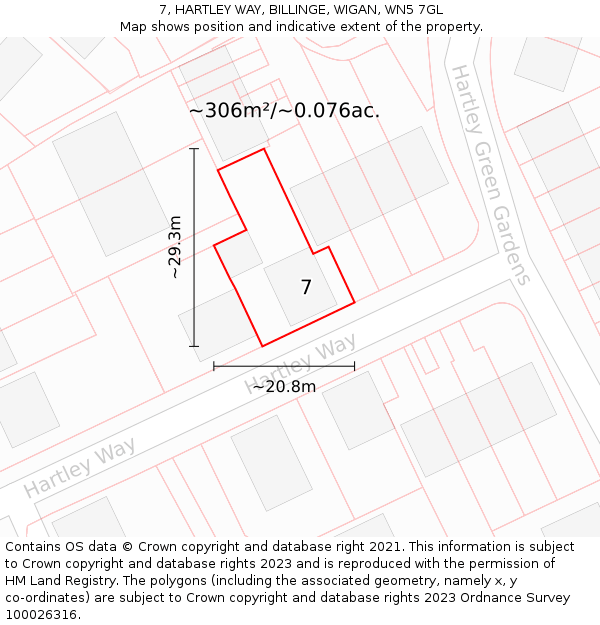 7, HARTLEY WAY, BILLINGE, WIGAN, WN5 7GL: Plot and title map