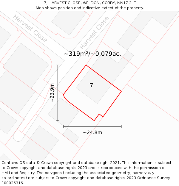 7, HARVEST CLOSE, WELDON, CORBY, NN17 3LE: Plot and title map