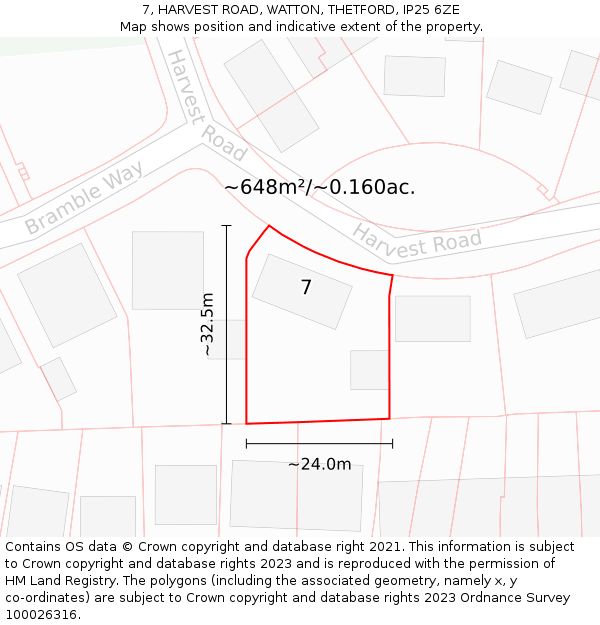 7, HARVEST ROAD, WATTON, THETFORD, IP25 6ZE: Plot and title map