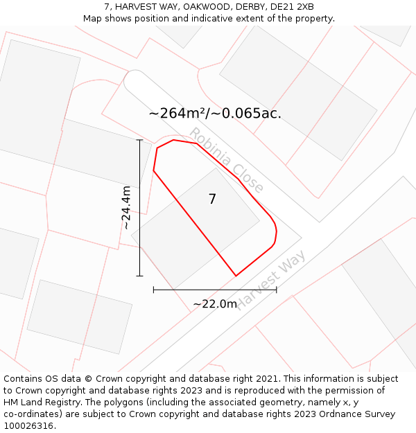 7, HARVEST WAY, OAKWOOD, DERBY, DE21 2XB: Plot and title map