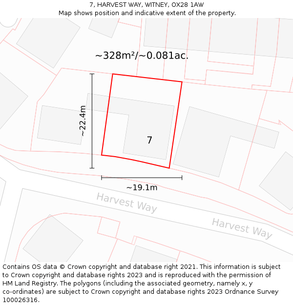 7, HARVEST WAY, WITNEY, OX28 1AW: Plot and title map