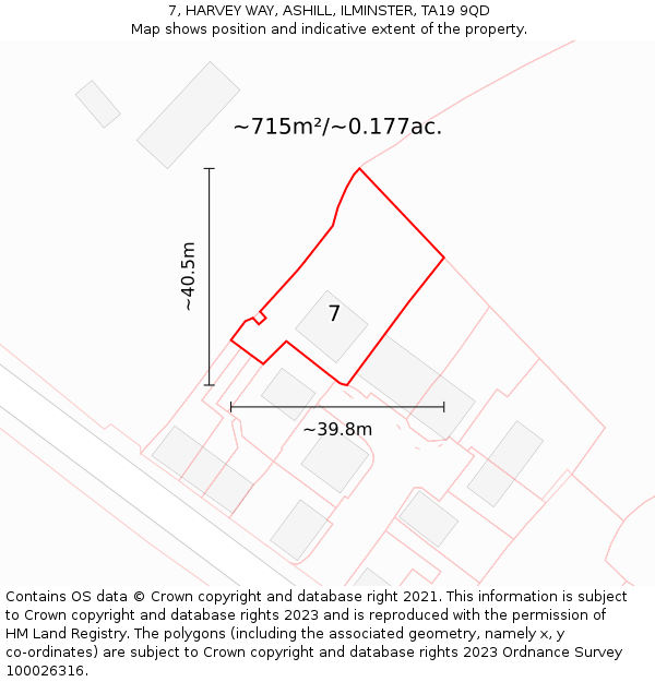 7, HARVEY WAY, ASHILL, ILMINSTER, TA19 9QD: Plot and title map