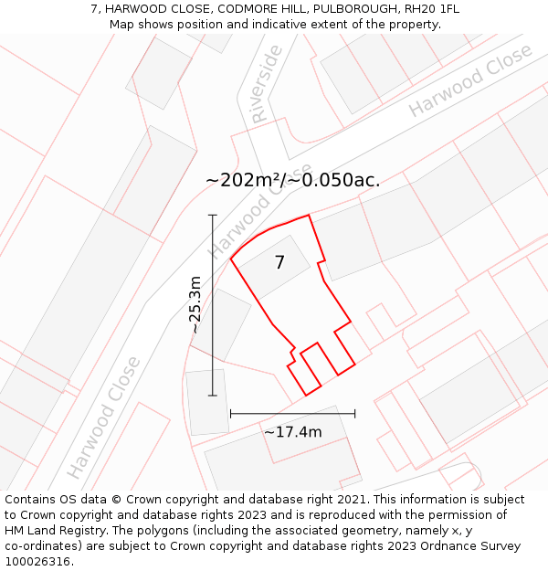 7, HARWOOD CLOSE, CODMORE HILL, PULBOROUGH, RH20 1FL: Plot and title map