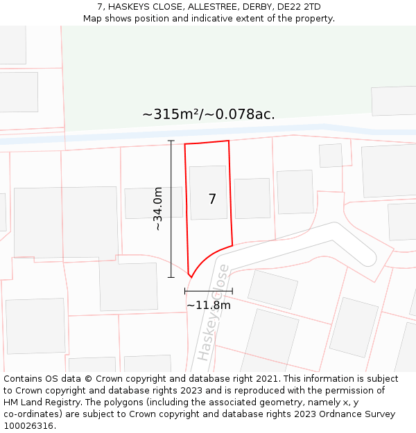 7, HASKEYS CLOSE, ALLESTREE, DERBY, DE22 2TD: Plot and title map