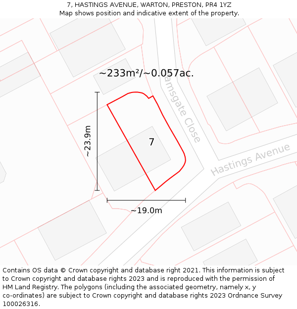 7, HASTINGS AVENUE, WARTON, PRESTON, PR4 1YZ: Plot and title map