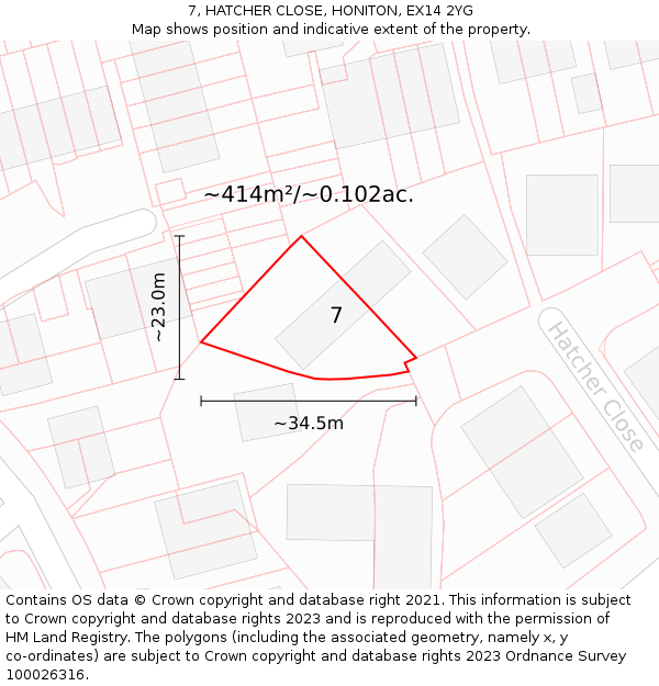 7, HATCHER CLOSE, HONITON, EX14 2YG: Plot and title map