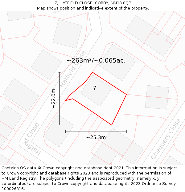 7, HATFIELD CLOSE, CORBY, NN18 8QB: Plot and title map