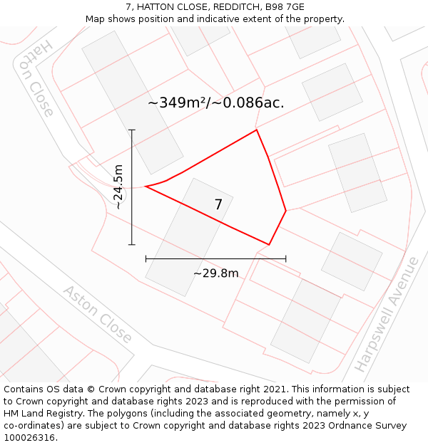 7, HATTON CLOSE, REDDITCH, B98 7GE: Plot and title map