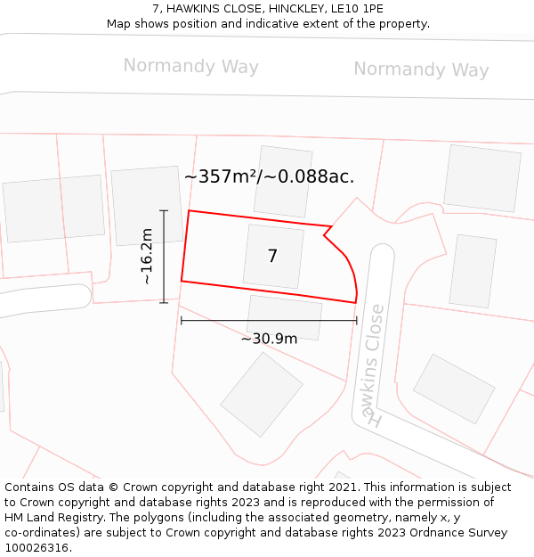 7, HAWKINS CLOSE, HINCKLEY, LE10 1PE: Plot and title map