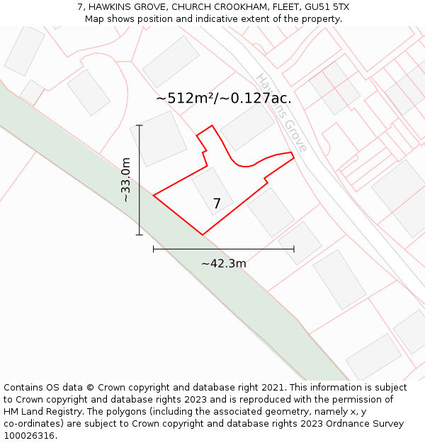 7, HAWKINS GROVE, CHURCH CROOKHAM, FLEET, GU51 5TX: Plot and title map