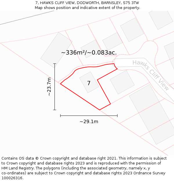7, HAWKS CLIFF VIEW, DODWORTH, BARNSLEY, S75 3TW: Plot and title map