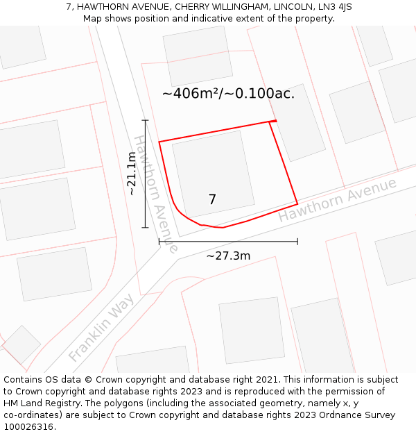 7, HAWTHORN AVENUE, CHERRY WILLINGHAM, LINCOLN, LN3 4JS: Plot and title map