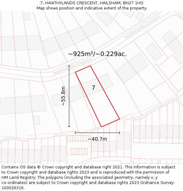 7, HAWTHYLANDS CRESCENT, HAILSHAM, BN27 1HG: Plot and title map