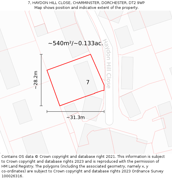 7, HAYDON HILL CLOSE, CHARMINSTER, DORCHESTER, DT2 9WP: Plot and title map