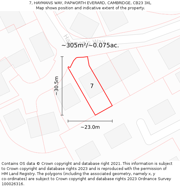 7, HAYMANS WAY, PAPWORTH EVERARD, CAMBRIDGE, CB23 3XL: Plot and title map