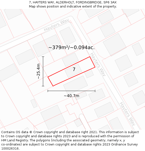 7, HAYTERS WAY, ALDERHOLT, FORDINGBRIDGE, SP6 3AX: Plot and title map
