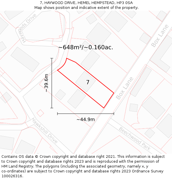 7, HAYWOOD DRIVE, HEMEL HEMPSTEAD, HP3 0SA: Plot and title map