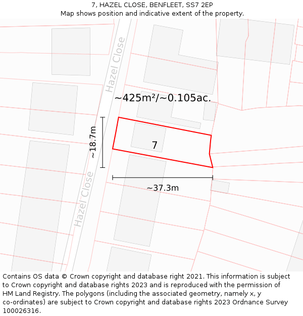 7, HAZEL CLOSE, BENFLEET, SS7 2EP: Plot and title map
