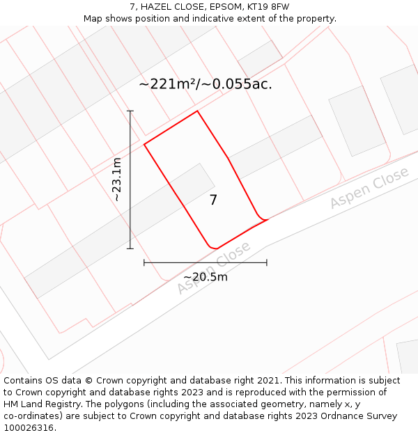 7, HAZEL CLOSE, EPSOM, KT19 8FW: Plot and title map
