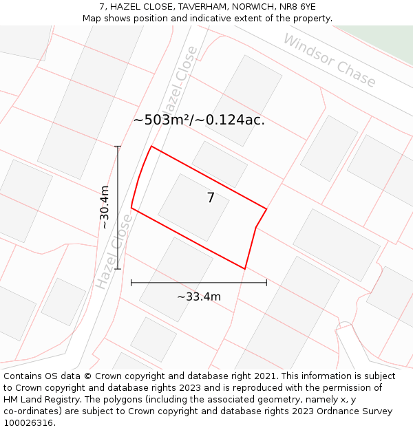 7, HAZEL CLOSE, TAVERHAM, NORWICH, NR8 6YE: Plot and title map