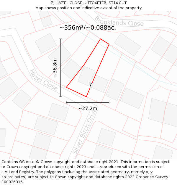 7, HAZEL CLOSE, UTTOXETER, ST14 8UT: Plot and title map