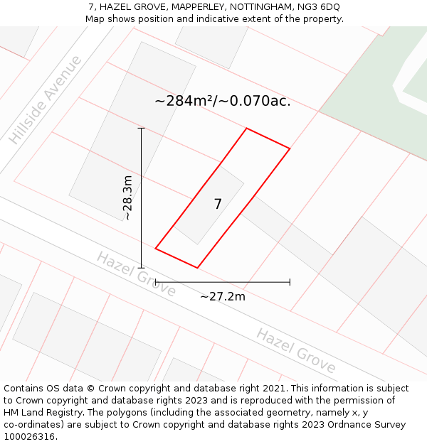 7, HAZEL GROVE, MAPPERLEY, NOTTINGHAM, NG3 6DQ: Plot and title map