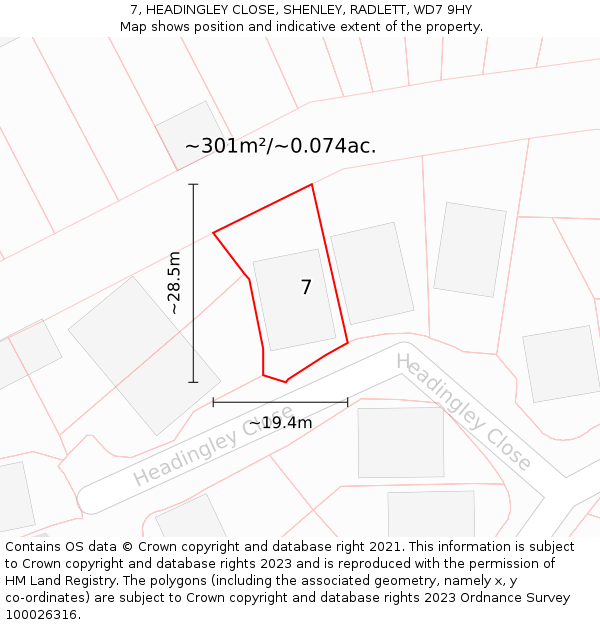 7, HEADINGLEY CLOSE, SHENLEY, RADLETT, WD7 9HY: Plot and title map