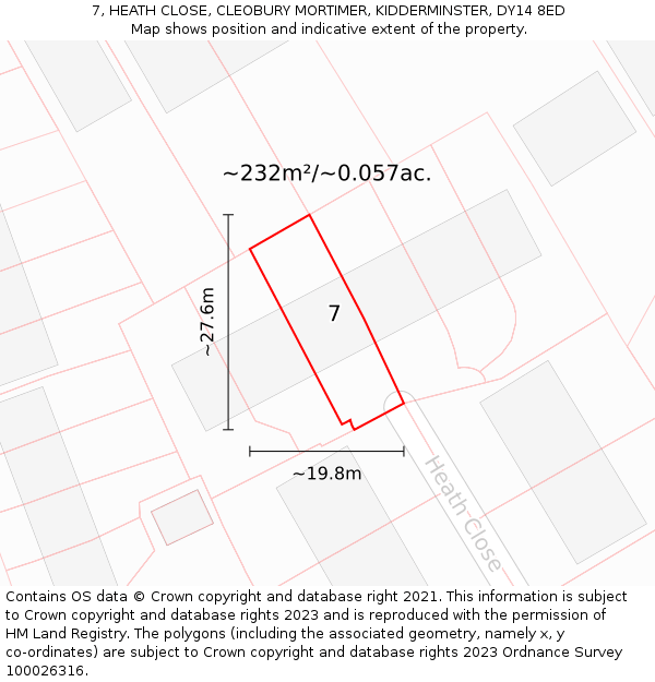 7, HEATH CLOSE, CLEOBURY MORTIMER, KIDDERMINSTER, DY14 8ED: Plot and title map