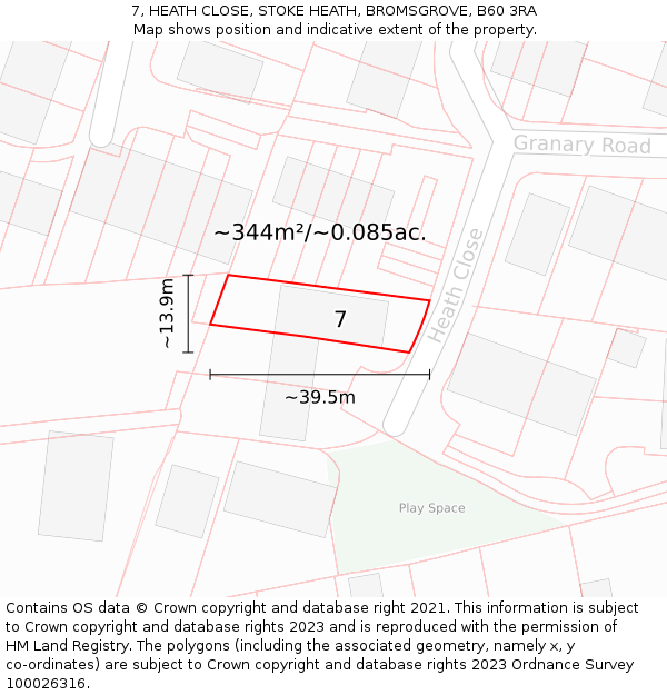 7, HEATH CLOSE, STOKE HEATH, BROMSGROVE, B60 3RA: Plot and title map