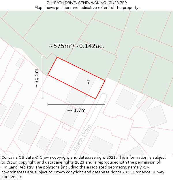 7, HEATH DRIVE, SEND, WOKING, GU23 7EP: Plot and title map