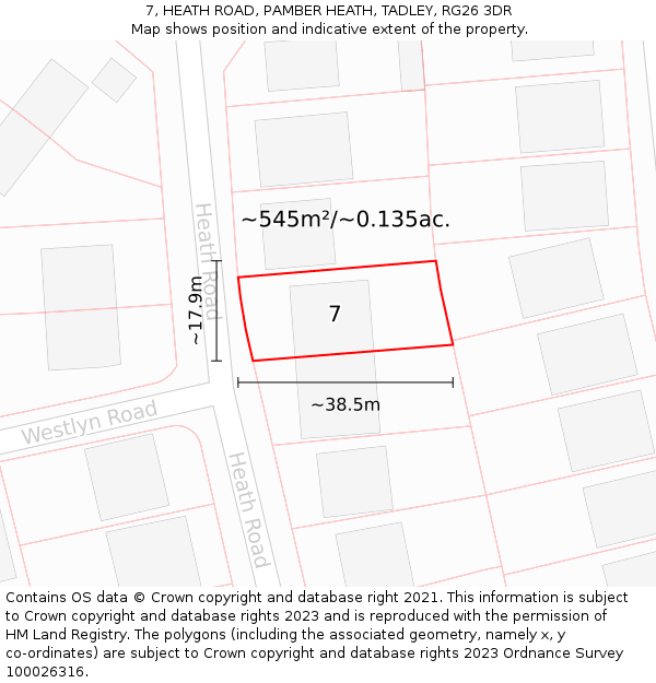 7, HEATH ROAD, PAMBER HEATH, TADLEY, RG26 3DR: Plot and title map