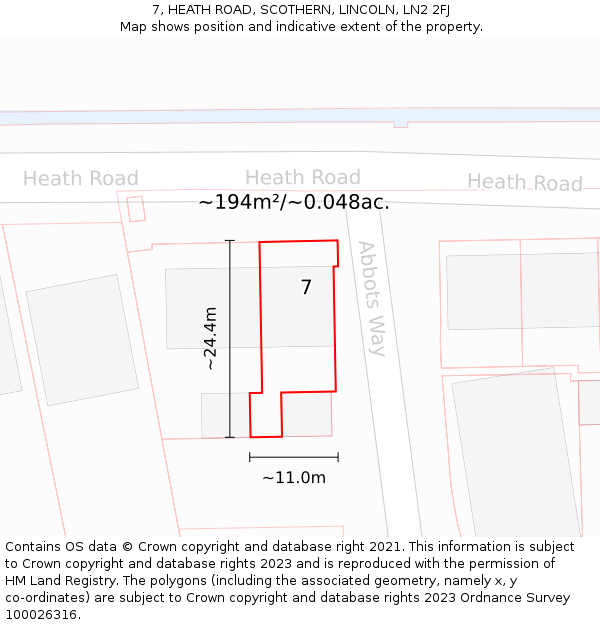 7, HEATH ROAD, SCOTHERN, LINCOLN, LN2 2FJ: Plot and title map
