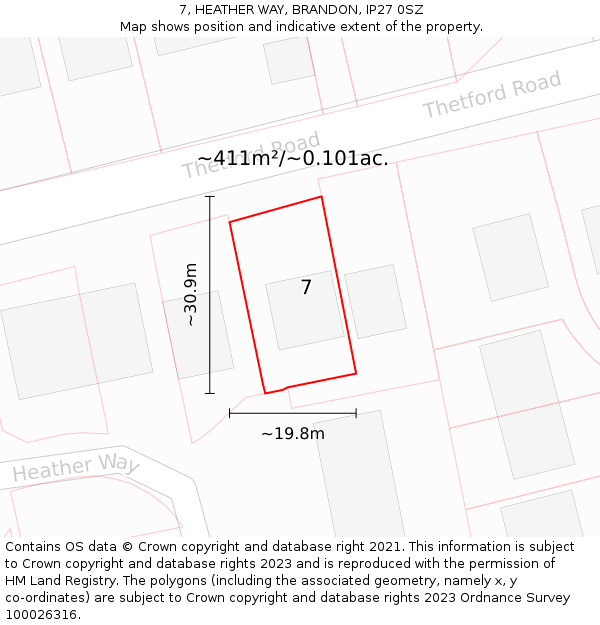 7, HEATHER WAY, BRANDON, IP27 0SZ: Plot and title map