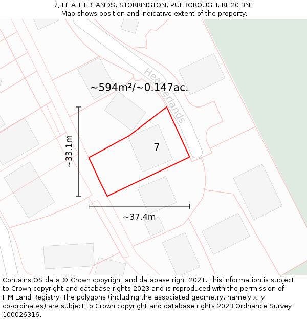 7, HEATHERLANDS, STORRINGTON, PULBOROUGH, RH20 3NE: Plot and title map