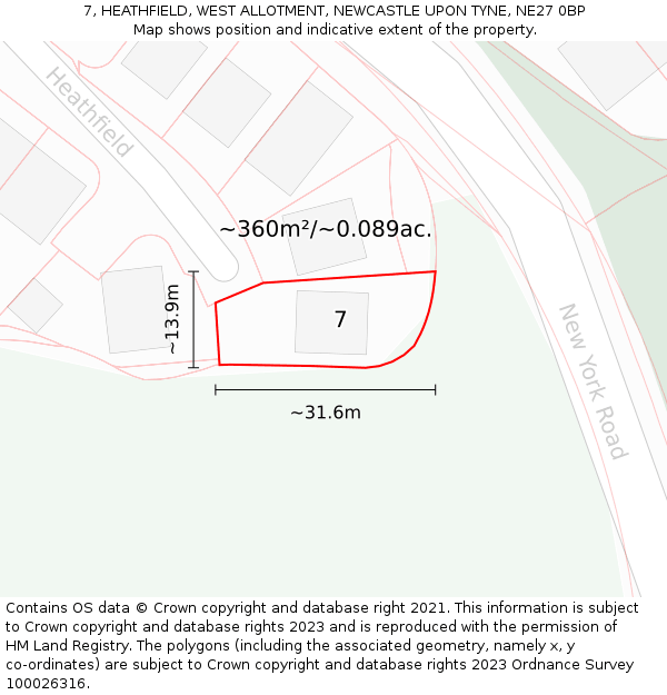 7, HEATHFIELD, WEST ALLOTMENT, NEWCASTLE UPON TYNE, NE27 0BP: Plot and title map