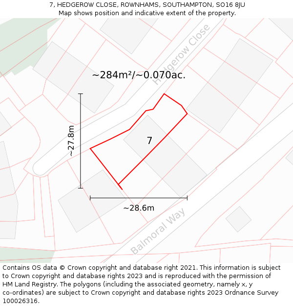 7, HEDGEROW CLOSE, ROWNHAMS, SOUTHAMPTON, SO16 8JU: Plot and title map